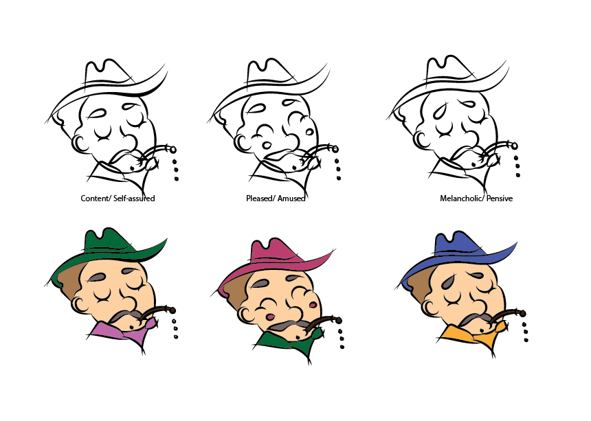 Character expression studies showing line-drawn and coloured variations of the same character.